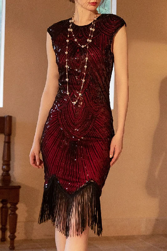 1920s Gatsby Round Neck Fitted Sequin Fringe Flapper Midi Dress - Red Stylish Color Block Midi Dress