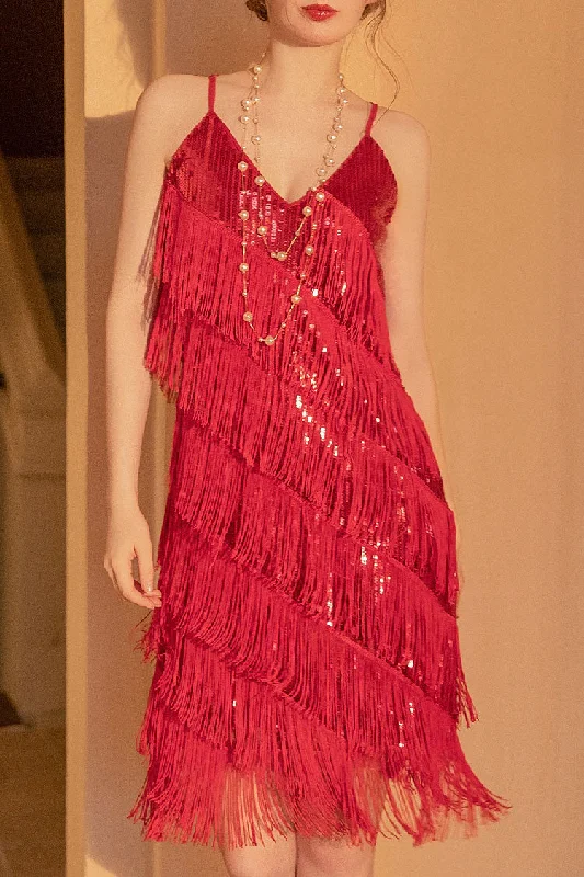 1920s Gatsby V Neck Sequined Layered Fringe Flapper Midi Dress - Red Comfortable Button Front Midi Dress