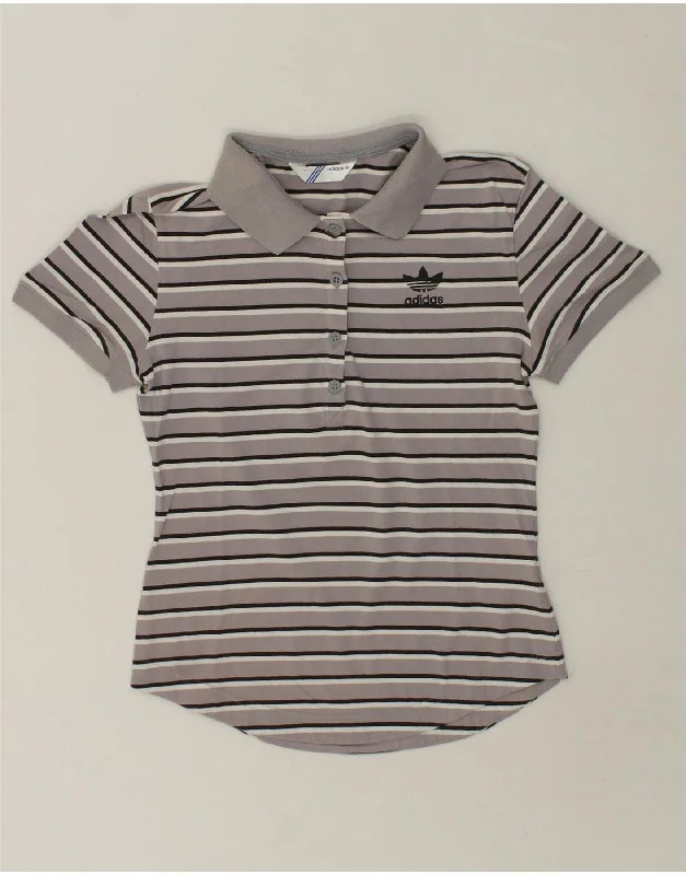 ADIDAS Womens Polo Shirt IT 44 Medium Grey Striped Cotton Elegant Silk Short Shirt