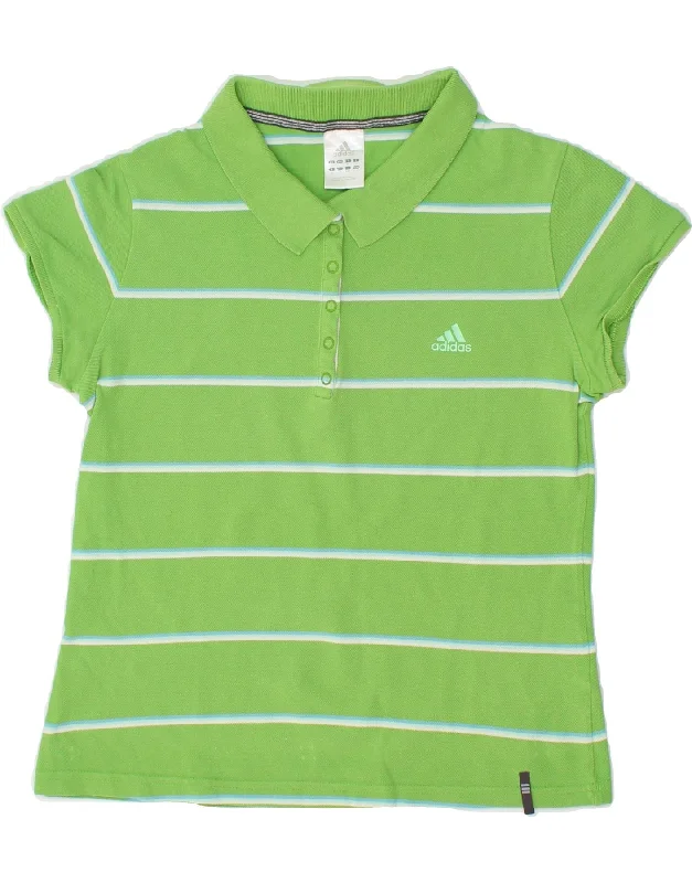 ADIDAS Womens Polo Shirt UK 16 Large Green Striped Cotton Comfortable Flowing Short Sleeve