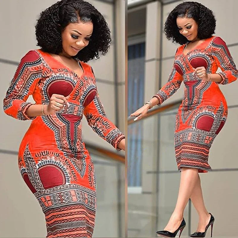 Women's Vestidos African Style Floral Print V-neck Long Sleeve Elegant Retro Bodycon Midi Dress Trendy Flared Sleeve Midi Dress