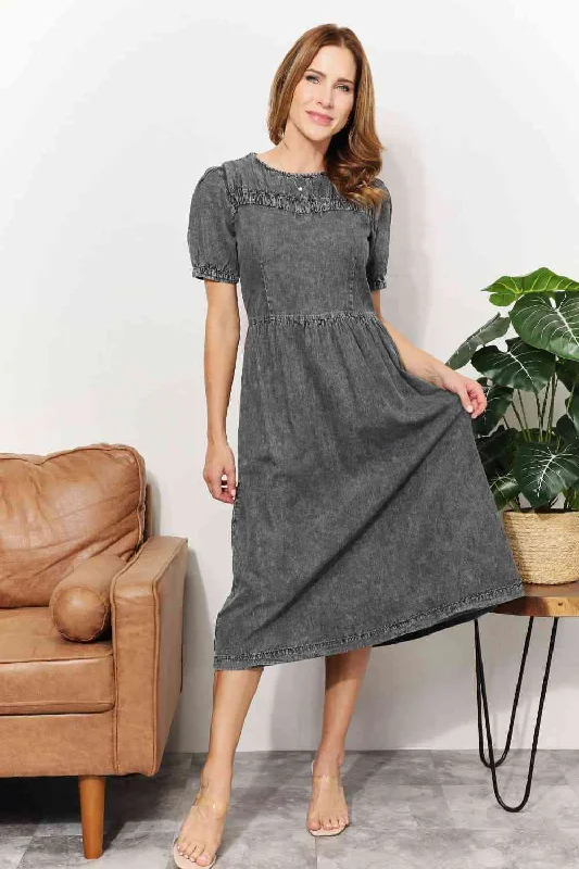 Washed Chambray Midi Dress Stylish Pleated Skirt Midi Dress