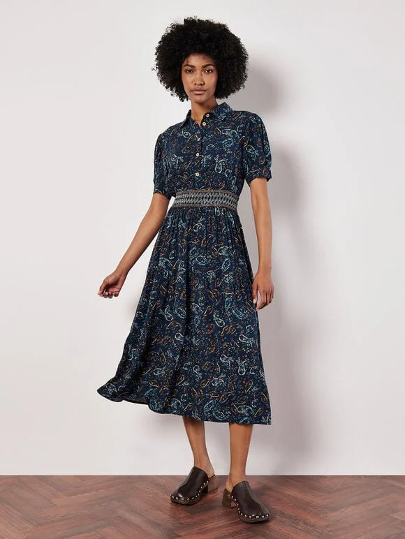 Paisley Smock Tiered Shirt Midi Dress Chic Bohemian Midi Dress