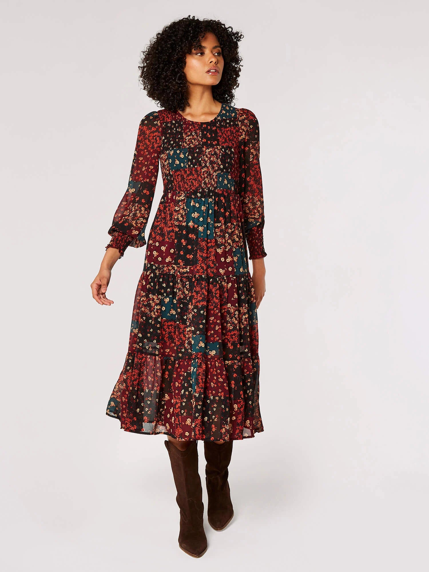 Patchwork Ditsy L/S Midi Dress Fashionable High-Neck Midi Dress