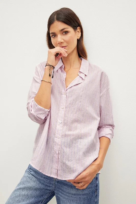 ASHLYN STRIPED BUTTON-UP SHIRT Fashionable Button-Front Short Sleeve