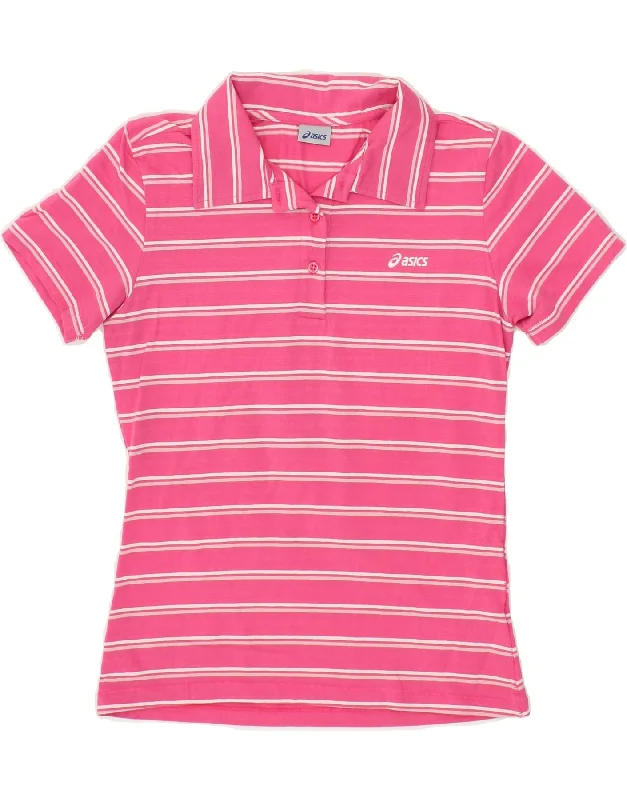 ASICS Womens Polo Shirt UK 12 Medium Pink Striped Casual Boxy Short Shirt