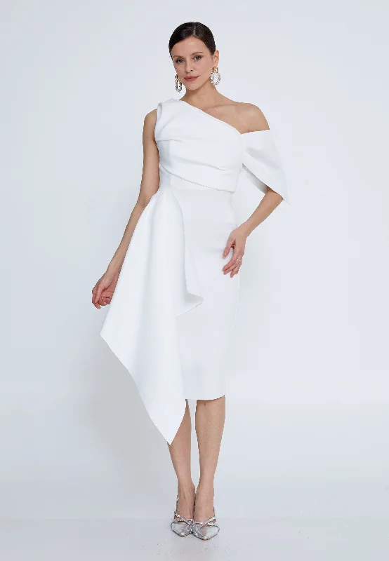 Asymmetric Neckline Midi Dress - White Comfortable Sleeveless Midi Dress