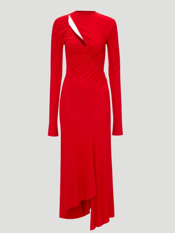 Asymmetric Slash Jersey Midi Dress in Crimson Cozy Spaghetti Strap Midi Dress