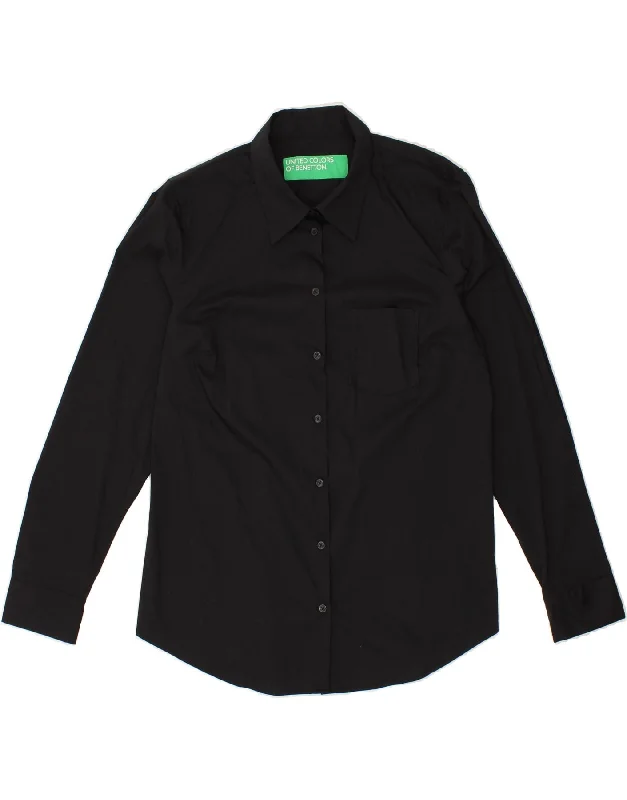 BENETTON Womens Shirt UK 16 Large Black Casual Cotton Short Shirt