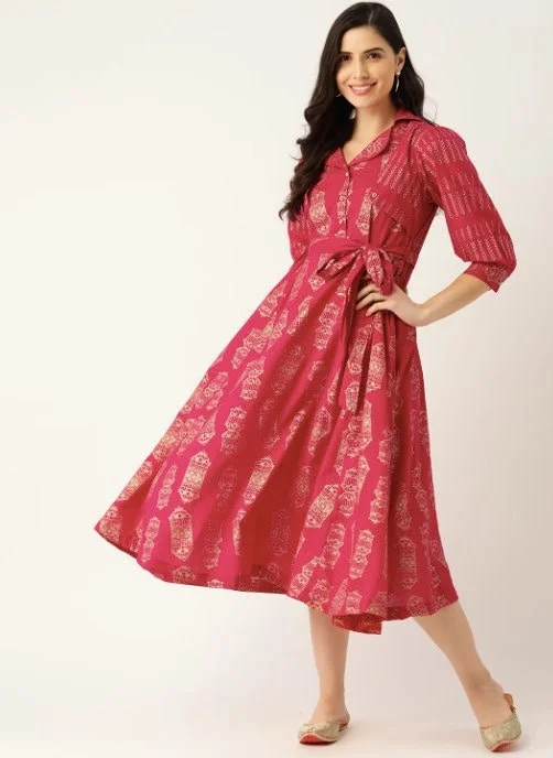 Burgundy & Golden Hand Block Printed Ethnic A-Line Midi Dress Elegant Floral Appliqué Midi Dress