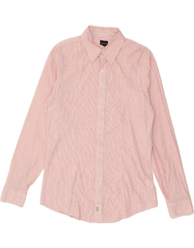 CALVIN KLEIN JEANS Womens Shirt UK 16 Large Pink Pinstripe Cotton Classic Denim Short Sleeve