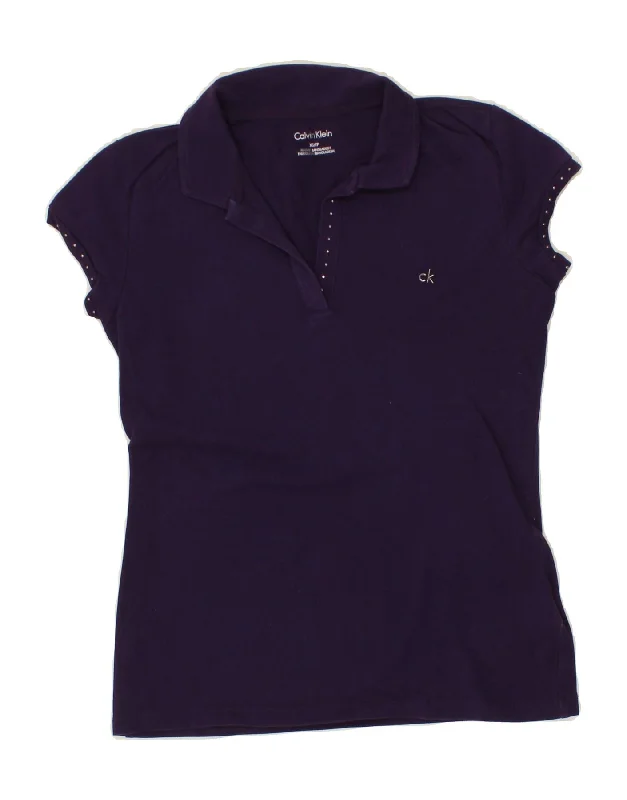 CALVIN KLEIN Womens Polo Shirt UK 6 XS Navy Blue Cotton Cozy Knit Short Sleeve Top