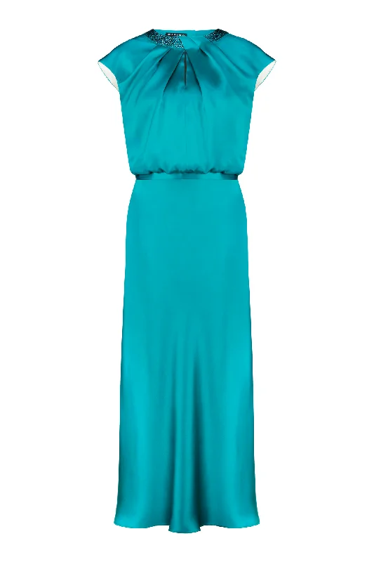 CLUSIA TEAL SILK SATIN MIDI DRESS WITH CRYSTAL EMBELLISHED NECKLINE Elegant V-Neck Midi Dress