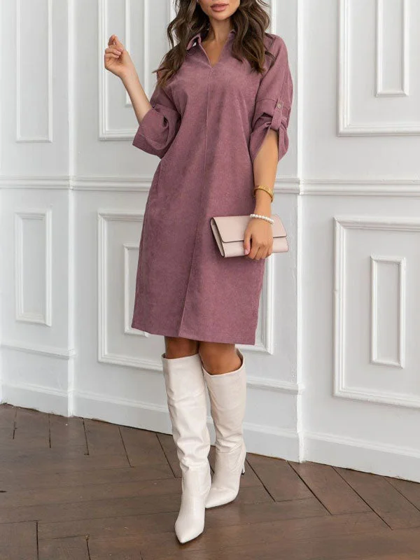 Corduroy Lapel Collar Button Midi Dress Comfortable Draped Midi Dress