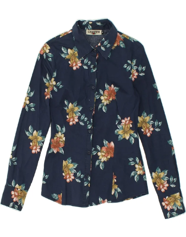 EL CHARRO Womens Shirt UK 12 Medium Navy Blue Floral Cotton Trendy Short Sleeve Tunic