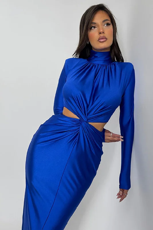 Elegant Rhinestone Twist Cutout Waist Long Sleeve Cocktail Midi Dress - Blue Trendy Ruched Side Midi Dress