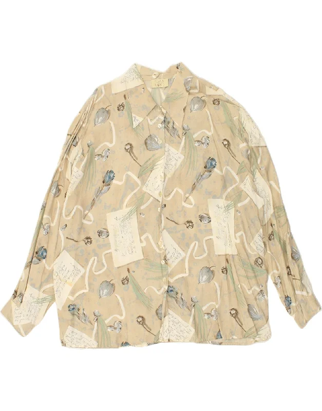 ELENA MIRO Womens Shirt Blouse IT 47 Large Beige Floral Viscose Classic Short Sleeve Blouse