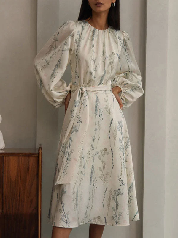 Floral Print Belted Long Sleeve Midi Dress Elegant Floral Skirt Midi Dress