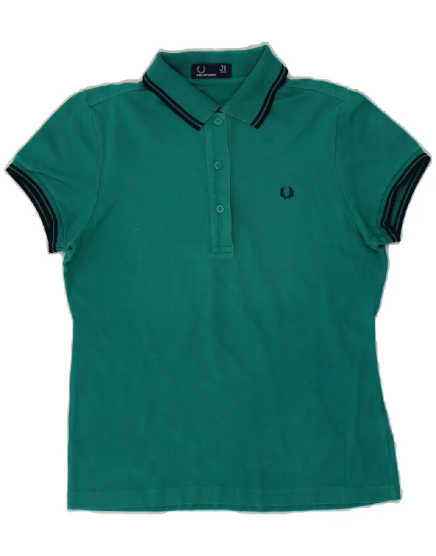 FRED PERRY Womens Polo Shirt UK 12 Medium Green Cotton Casual Button-Up Short Tee