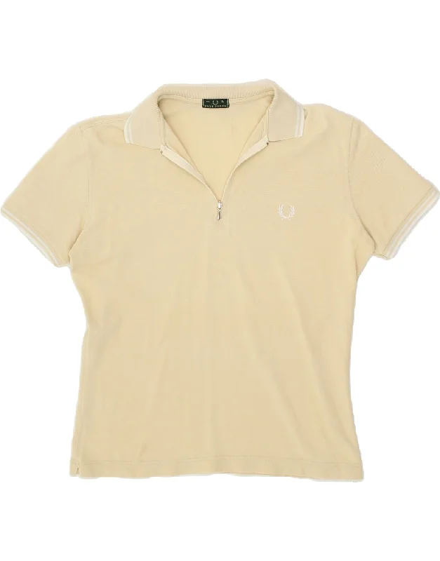 FRED PERRY Womens Polo Shirt UK 16 Large Beige Cotton Casual Button-Up Short Tee