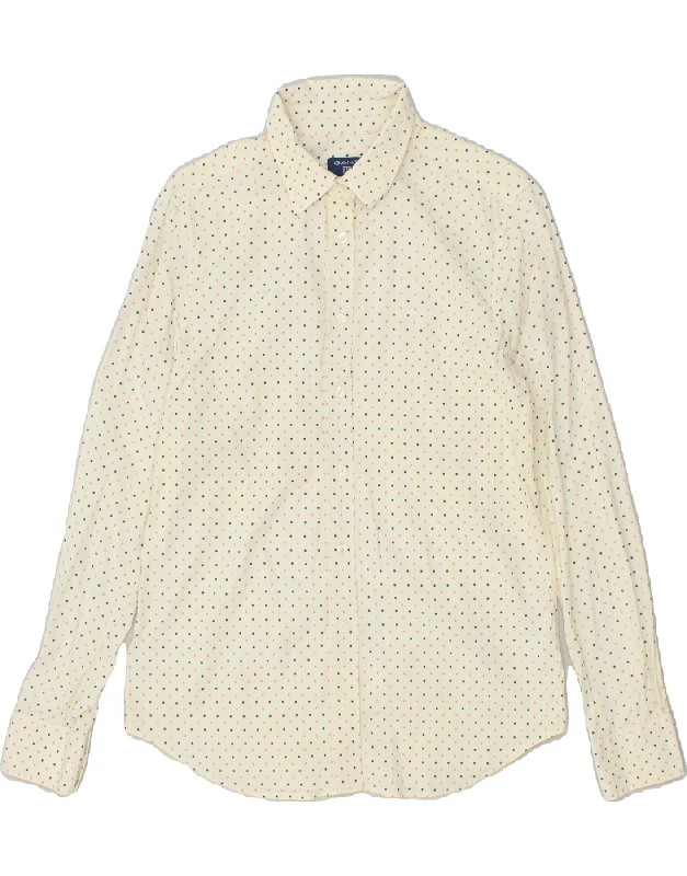 GANT Womens Shirt UK 12 Medium Off White Spotted Cotton Comfortable Ribbed Short Sleeve