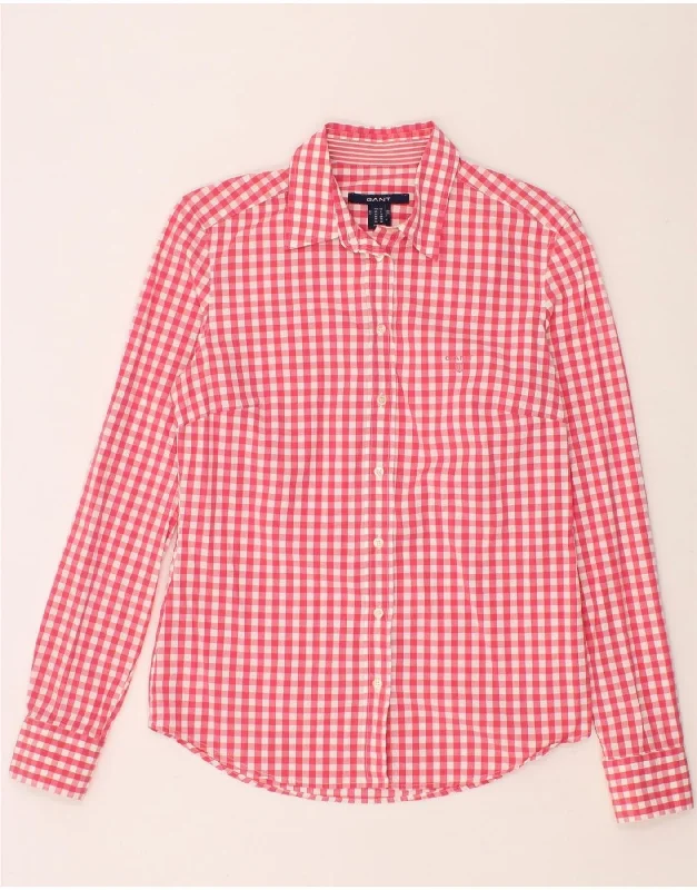 GANT Womens Shirt UK 12 Medium Pink Gingham Cotton Classic Denim Short Sleeve