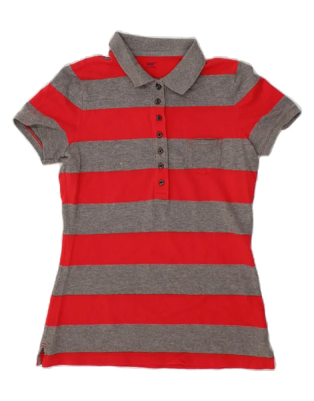 GAP Womens Polo Shirt UK 12 Medium Red Striped Cotton Modern Fit Short Sleeve