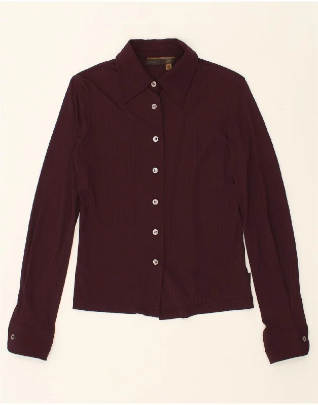 GAS Womens Shirt Blouse UK 10 Small Burgundy Pinstripe Polyamide Elegant Longline Short Shirt