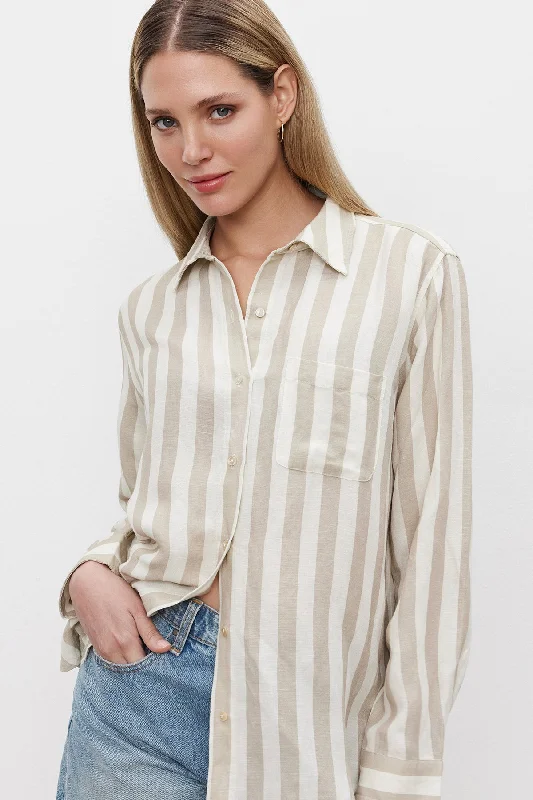 HARLOW STRIPED LINEN BUTTON-UP SHIRT Fashionable Short Sleeve Shirt