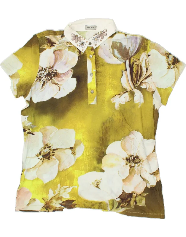 HENRY COTTONS Womens Polo Shirt IT 52 2XL Yellow Floral Comfortable Short Sleeve Tunic