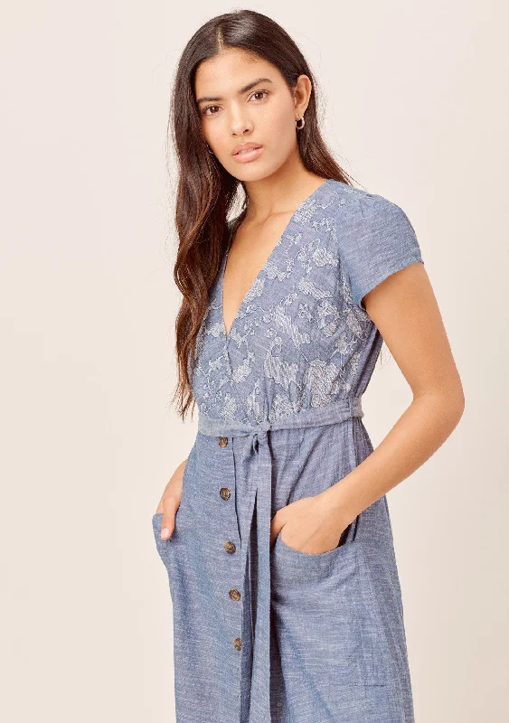 Janie Denim-Blue Embroidered Midi Dress Trendy Ruffle Hem Midi Dress