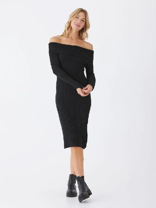 Karyssa Rib Knit Off-Shoulder Midi Dress Comfortable Wrap Midi Dress