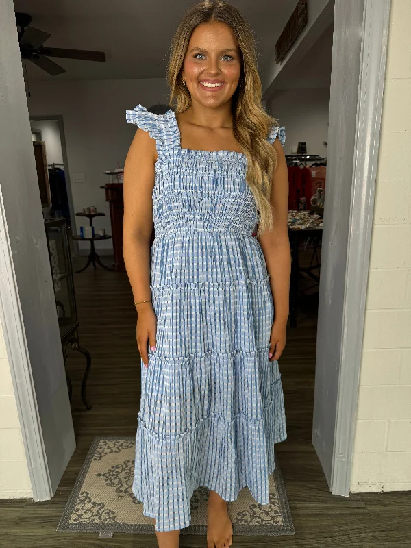 light blue gingham smocked detail midi dress Trendy Ruched Side Midi Dress