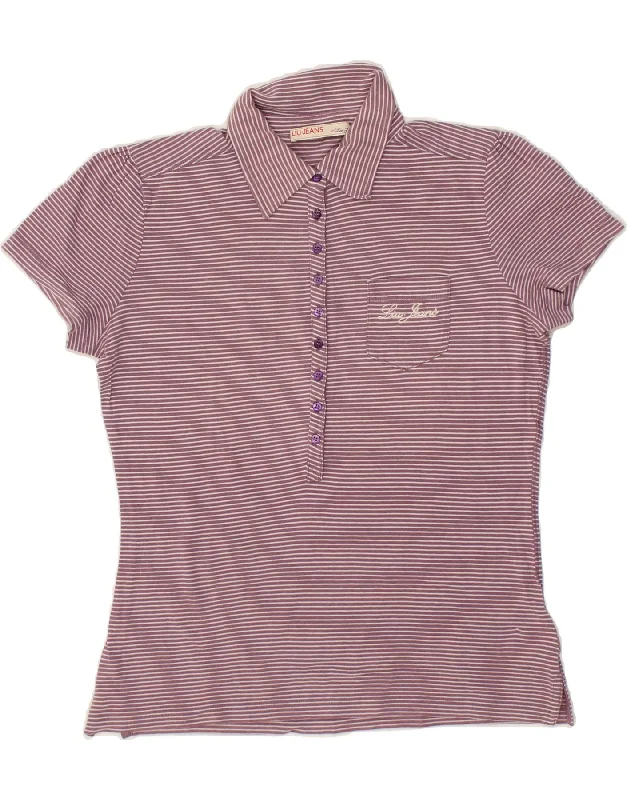 LIU JO Womens Polo Shirt UK 12 Medium Purple Pinstripe Stylish Striped Short Sleeve