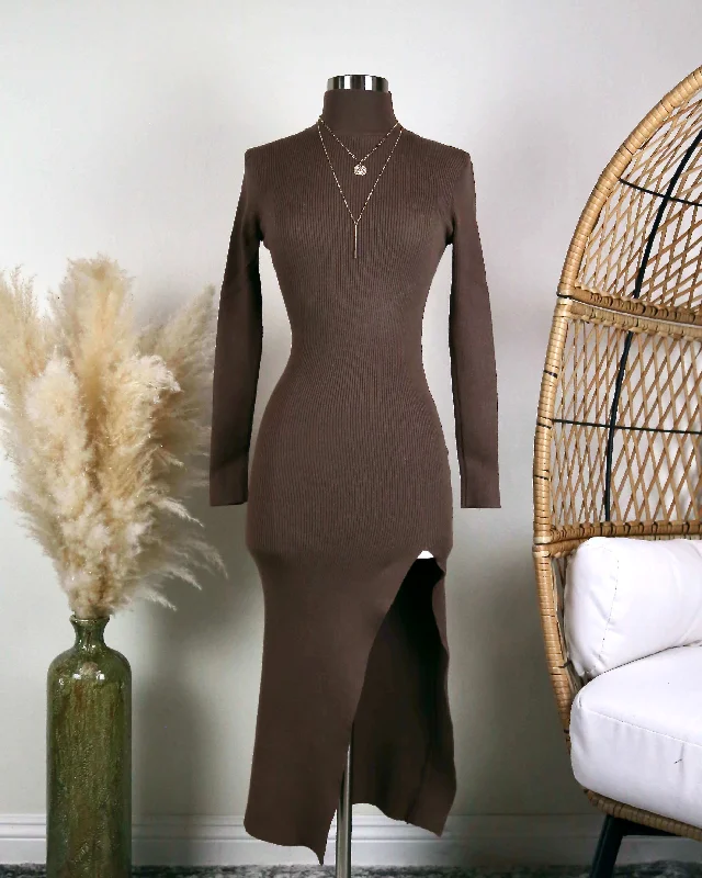 Long Sleeve Ribbed Bodycon Midi Dress With Side Slit in Brown Fashionable High-Low Midi Dress