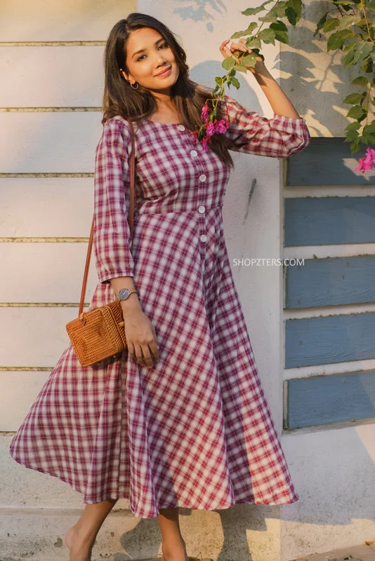 Magenta Checks Midi Dress Cozy Ribbed Knit Midi Dress