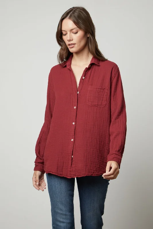 MARGO COTTON GAUZE BUTTON-UP SHIRT Relaxed Fit Short Blouse