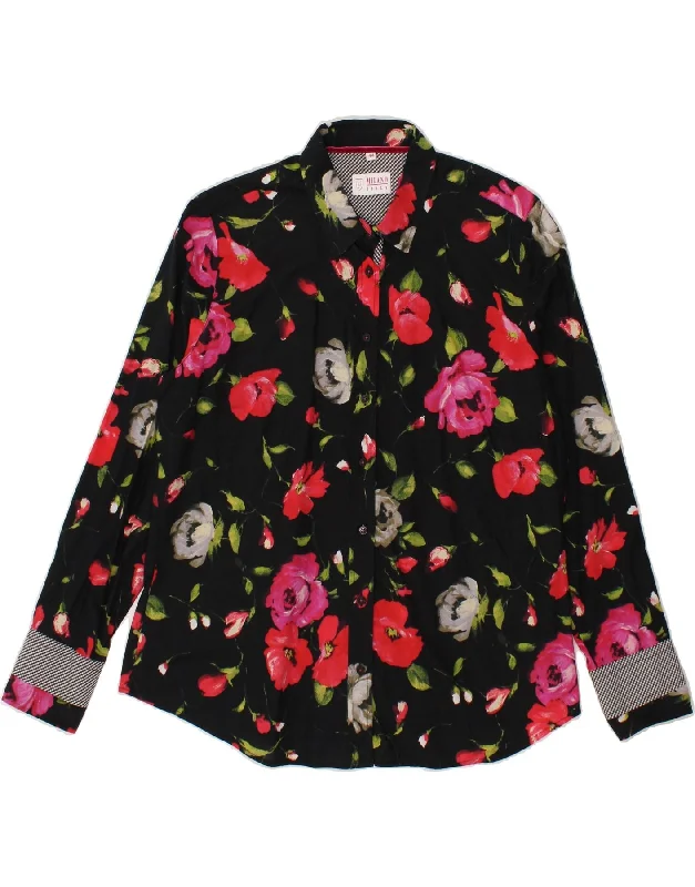 MILANO Womens Shirt IT 44 Medium Black Floral Cotton Soft Silk Short Sleeve