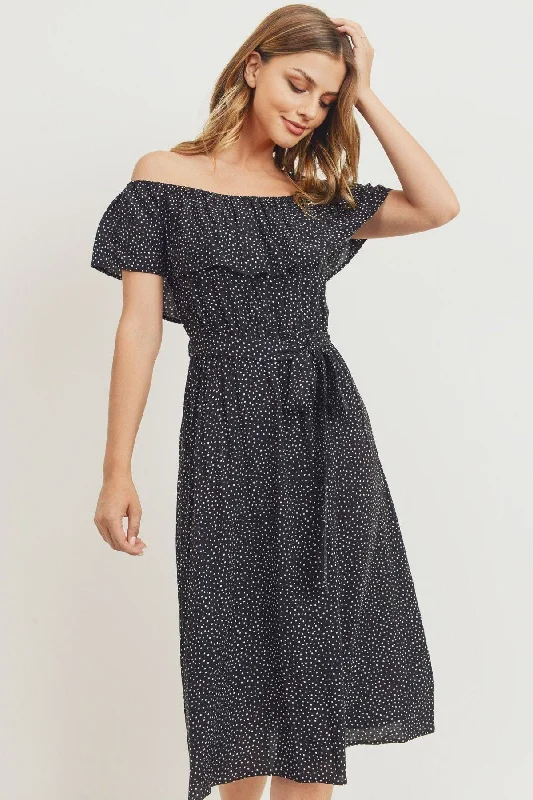 Off The Shoulder Waist Belt With Printed Midi Dress Fashionable Fitted Midi Dress