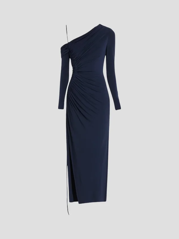 One Shoulder Jersey Midi Dress in Navy Comfortable Ribbed Midi Dress