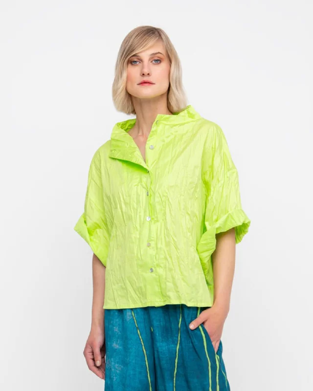 Ozai N Ku Crinkle Funnel Shirt, Lime Cozy Summer Short Shirt