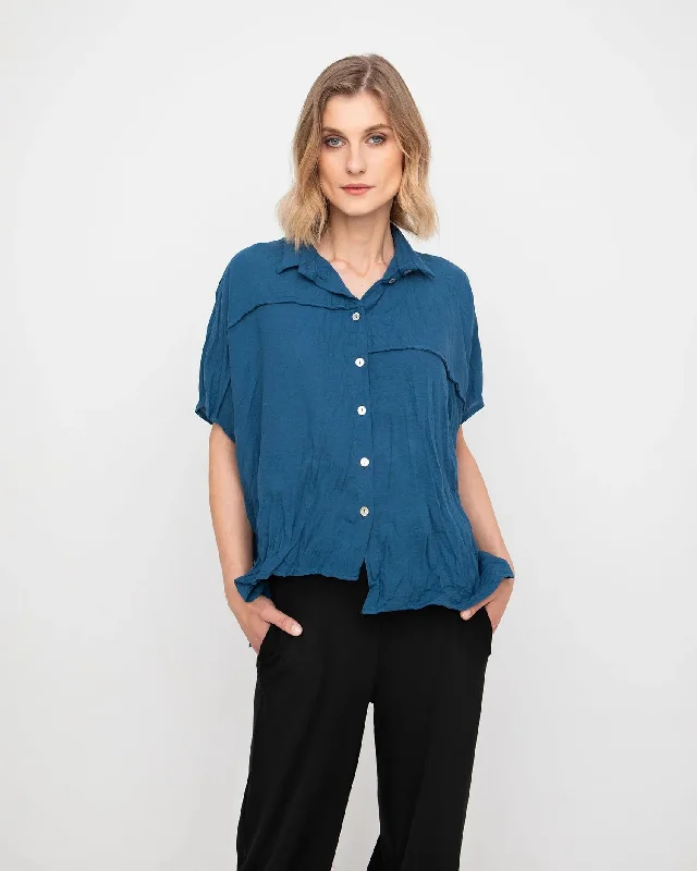 Ozai N Ku Easy Button Down Shirt, Blue Comfortable Loose Short Sleeve