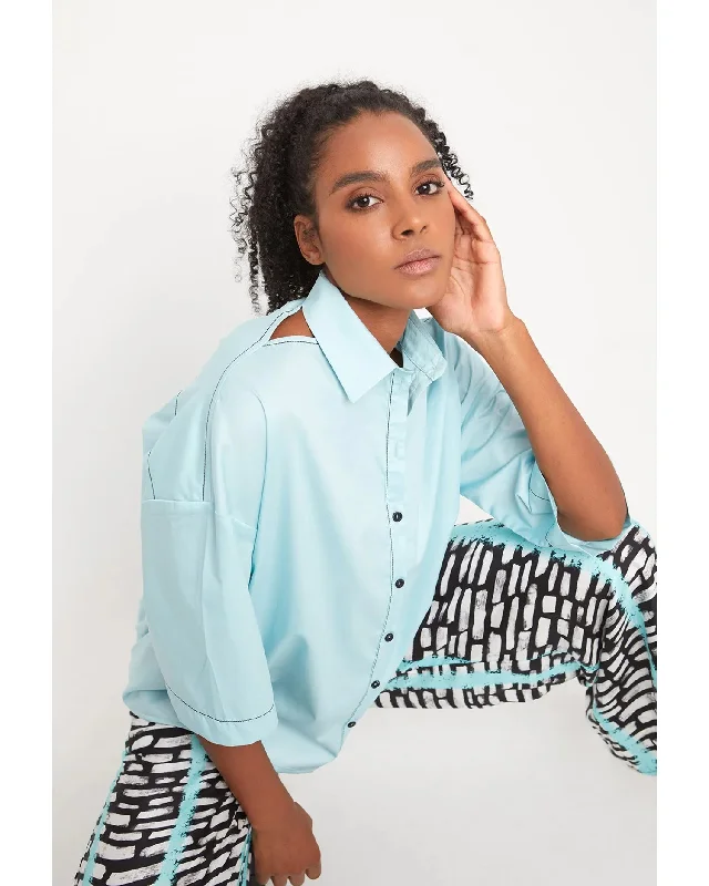 Ozai N Ku Oceania Cutout Shirt, Azure Trendy Button-Front Short Sleeve