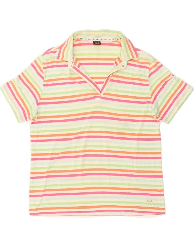 PAUL & SHARK Womens Polo Shirt UK 20 2XL Multicoloured Striped Cotton Fashionable Pleated Short Shirt