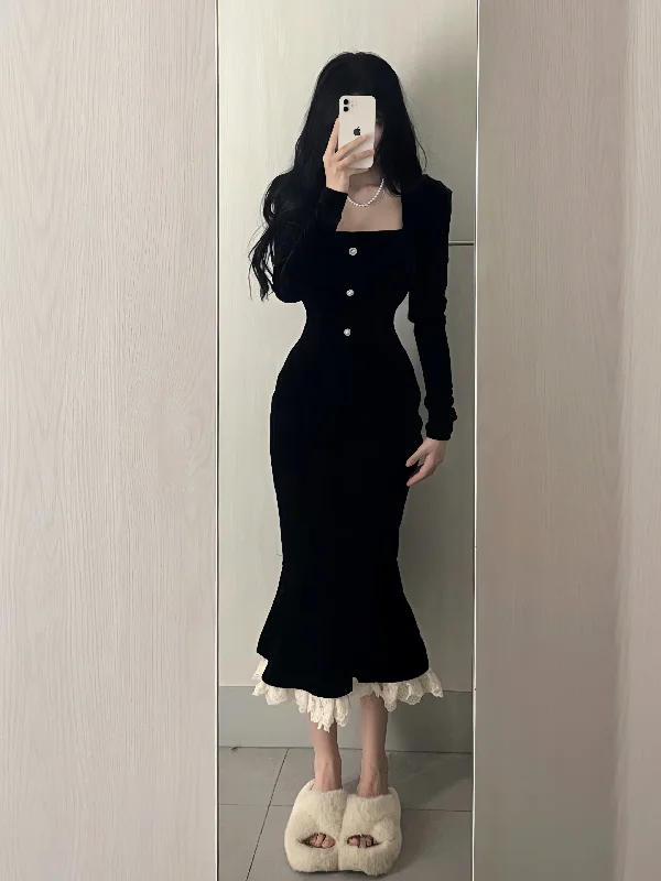 Pearl Button Lace Hem Black Midi Dress Stylish Cold Shoulder Midi Dress