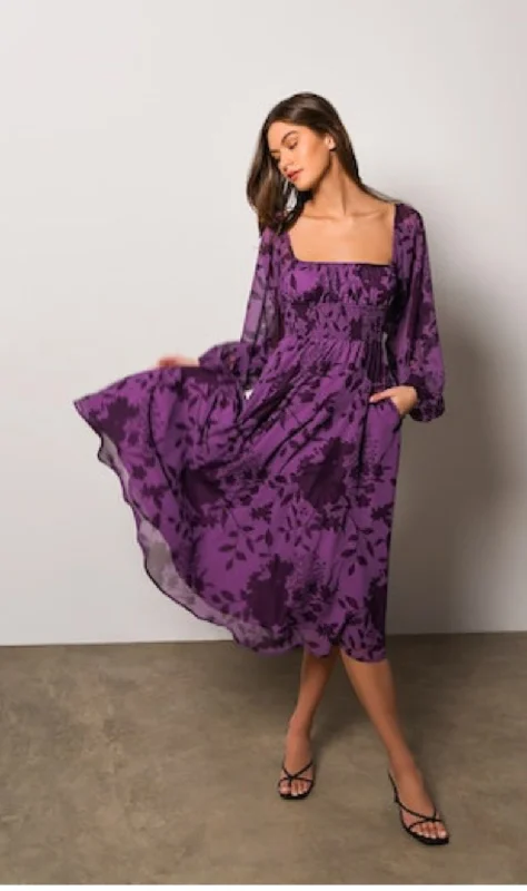 PHOENIX Square Neck Midi Dress in Mulberry Floral Stylish Pleated Skirt Midi Dress