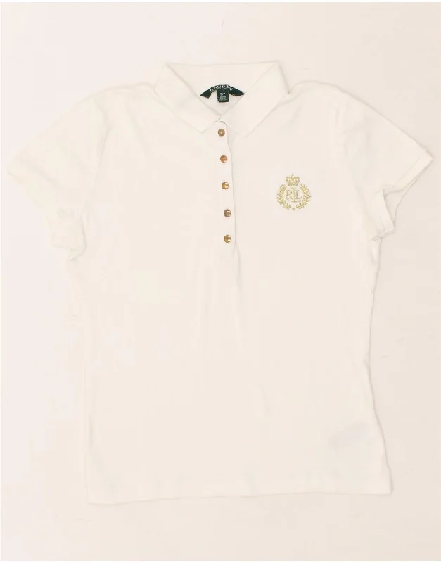 RALPH LAUREN Womens Polo Shirt UK 10 Small White Cotton Fashionable Button-Front Short Sleeve