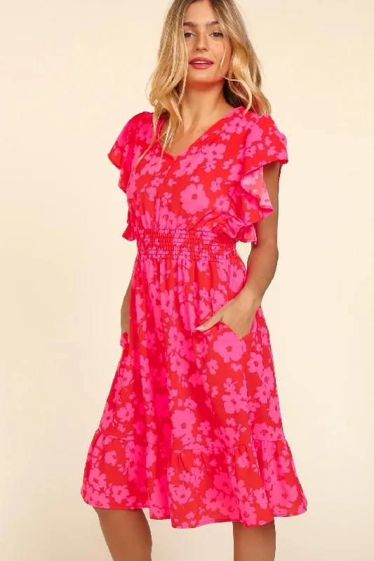 Red & Pink Floral Midi Dress Stylish Button-Up Midi Dress