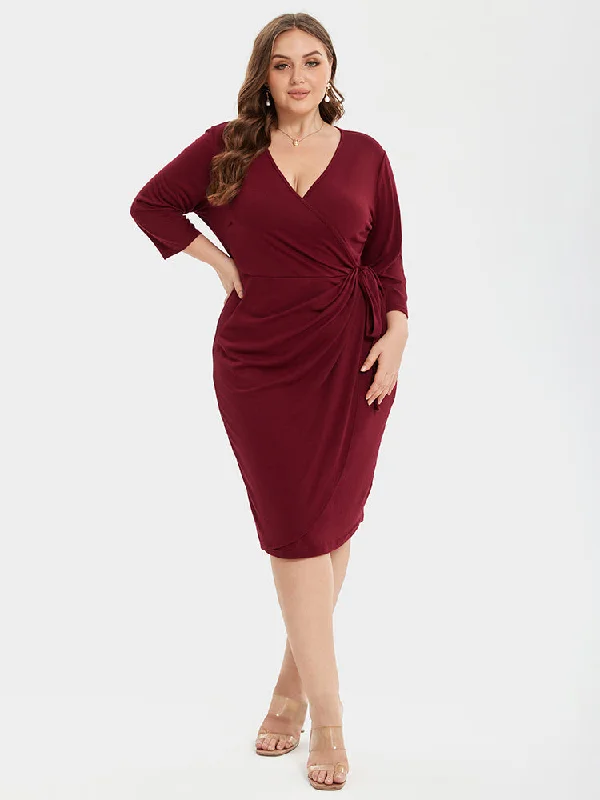 Crisscross Ruched Knot Side Wrap Midi Dress Comfortable Fit-and-Flare Midi Dress