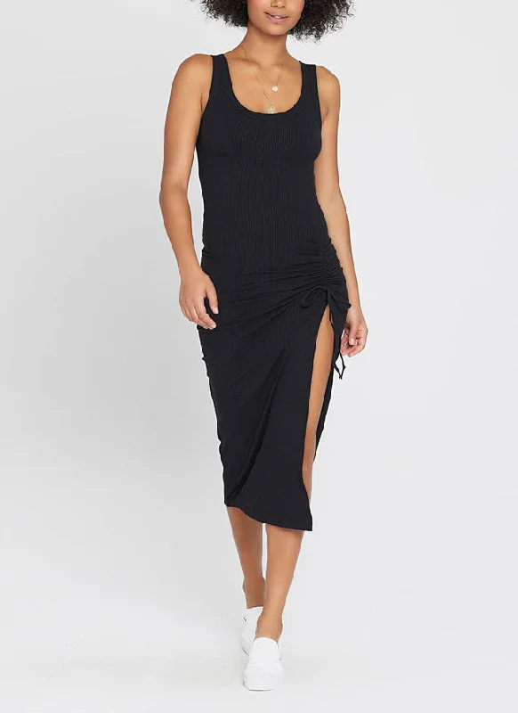 SANDPIPER Ribbed Midi Dress in Black Fashionable High-Neck Midi Dress